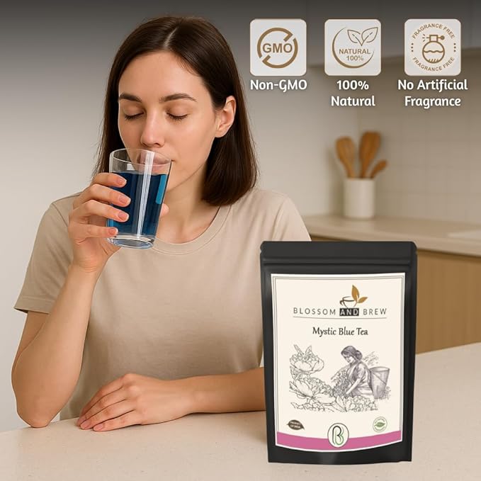 Blossom &amp Brew Mystic Blue Tea – Pure Natural Caffeine-Free | Non-GMO Vegan Gluten-Free | Blue Herbal Tea for Iced Drinks Cocktails Hot Brews and Coloring 2.47 Oz