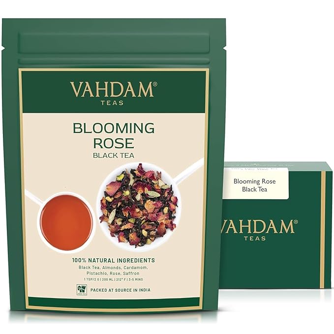 VAHDAM Blooming Rose Black Tea - Premium Black Tea with Rose Petals (3.5oz) DELICIOUS &amp AROMATIC Black Tea Loose Leaf with Fragrant Rose Petals | Vacuum Sealed Pack