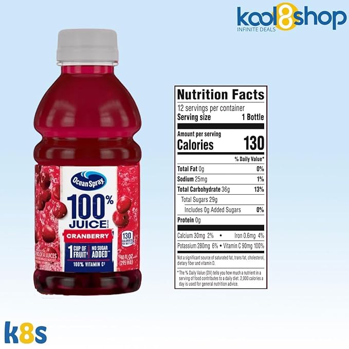 Ocean Spray 100% Cranberry Fruit Juice Drink 10 fl oz Plastic Bottles 24 Pack + 2 Reusable Snack Bags by KOOL8SHOP Infinite Deals