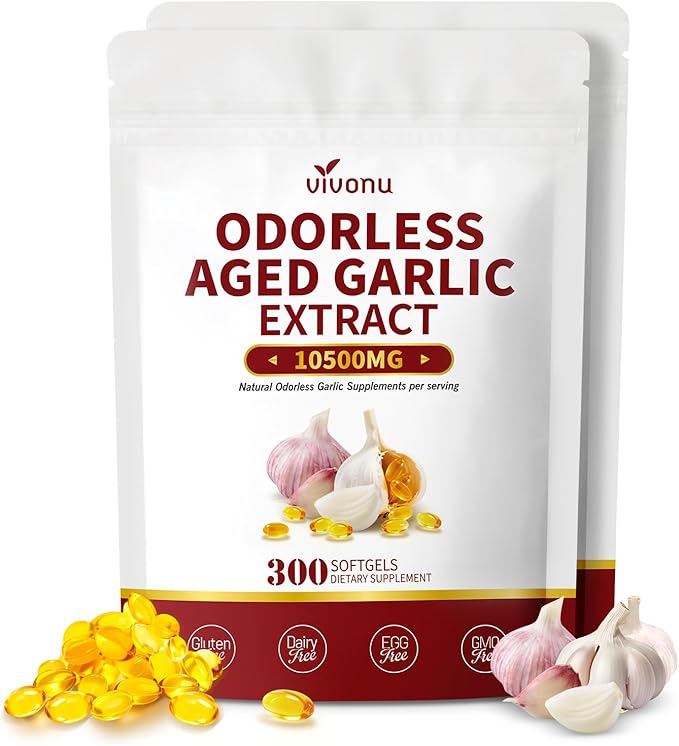 VivoNu Aged Garlic Extract Capsules 10500mg Odorless Garlic Supplements with Magnesium Chromium B1 &amp B9 Supports Immune Health &amp Heart Function| 2 Years Matured | 300 Softgels