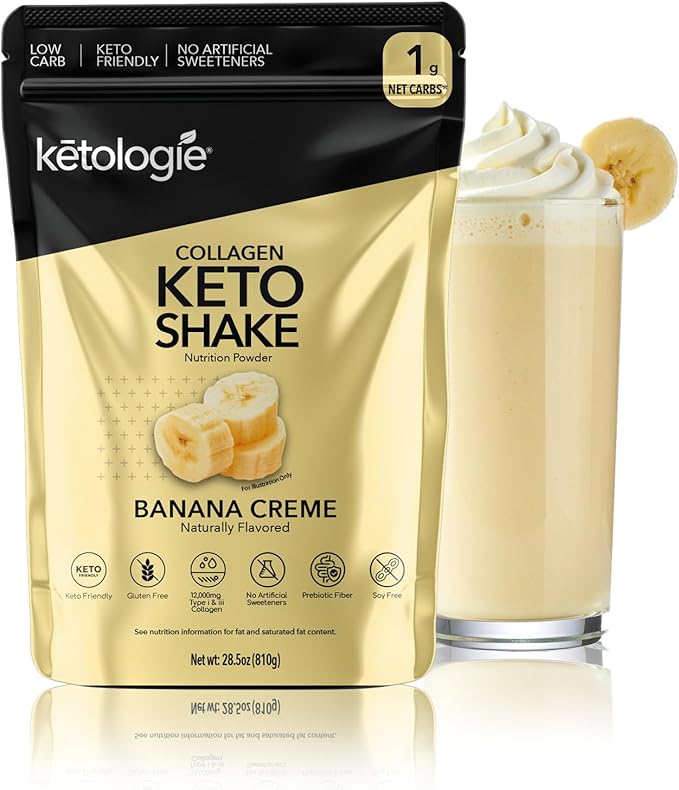 Keto Collagen Shake (Vanilla) - with Coconut Oil Prebiotics Grass Fed Hydrolyzed Collagen Peptides Type I &amp III Low Carb Gluten Free1.78lbs. (810g Banana Creme)