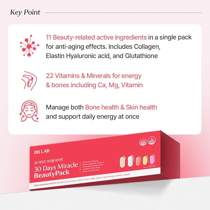 BB LAB 30 Days Miracle Beauty All-in-one Pack Low Molecular Collagen Elastin Glutathione Ceramide Hyaluronic Acid Multivitamins &amp Minerals Calcium Magnesium Vitamin D