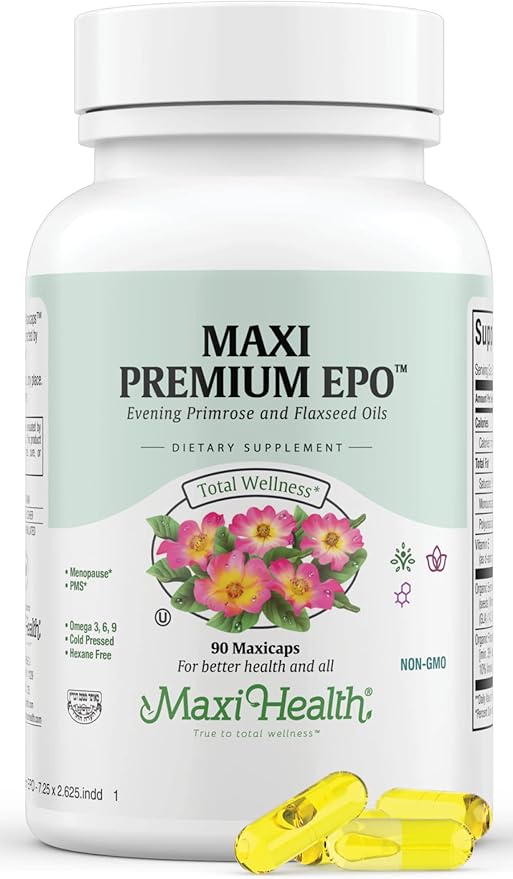 Maxi Health Women's Organic Evening Primrose Oil Capsules 1500mg - EPO Gamma Linolenic Acid Supplement - PMS &amp Hot Flashes Menopause Relief - GLA Hormonal Acne Supplements (90 Count)