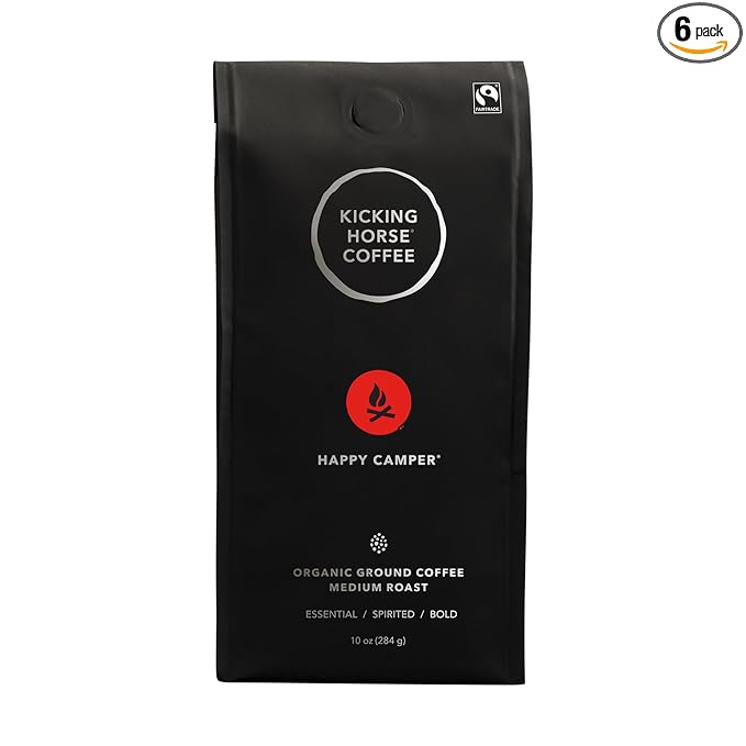 Kicking Horse Happy Camper Ground Coffee 10 Ounce - Certified Organic Fairtrade Kosher Coffee (Pack of 6)