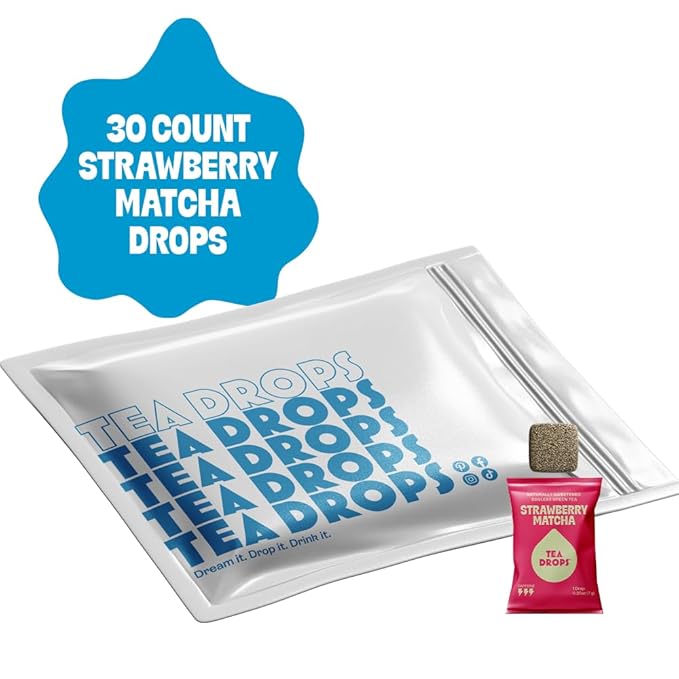 Tea Drops 30 Bulk Pack Organic Strawberry Matcha Bagless Tea - Loose Leaf Lightly Sweetened On-The-Go. Plastic-Free - Iced or Hot