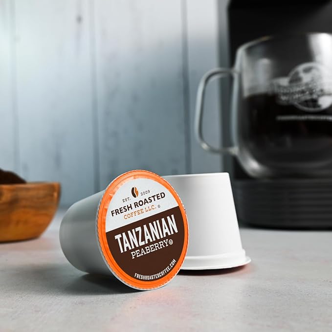 Fresh Roasted Coffee Tanzanian Peaberry Light Roast 72 Pods for K Cup Brewers