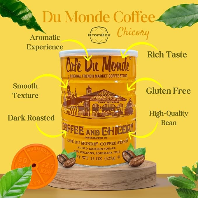 Cafe Du Monde Coffee and Chicory -15oz Medium Ground Cans (Pack of 3) | NROMBOX Barbell Bumper Plate Drink Coasters | Round Coasters for Coffee Table | Fitness Gym Accessories Gift(Color May Vary).