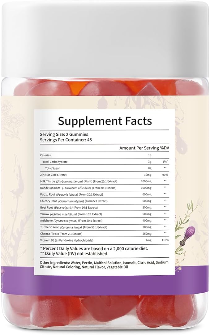 Milk Thistle Gummies with 2000MG Extract Liver Health Support Gummies Silymarin Milk Thistle Supplement with Artichoke Dandelion Turmeric Curcumin No Sugar for Adults Vegan 90 Count