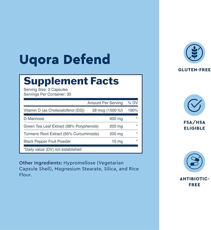 Uqora Defend - Urinary Tract Health Supplement - Support Bladder Health &amp Cleanse Biofilm* with D-Mannose Green Tea Extract Turmeric Extract &amp More - Gluten-Free - 60 Capsules (30-Day Supply