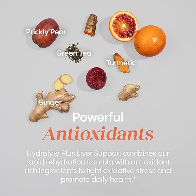 Hydralyte Liver Support + Electrolyte Mix with Milk Thistle Turmeric Ginger Prickly Pear Green Tea Extract Formulated for Rapid Rehydration (Peach Passion Ginger 20 Packets)