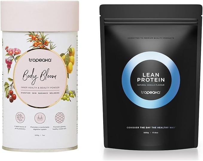 Tropeaka Glow Bundle - Body Bloom Superfood Beauty Supplement &amp Lean Vanilla Plant-Based Protein Powder for Glowing Skin Hair &amp Nails Gut Health Lean Muscle Vegan Dairy Free Gluten Free