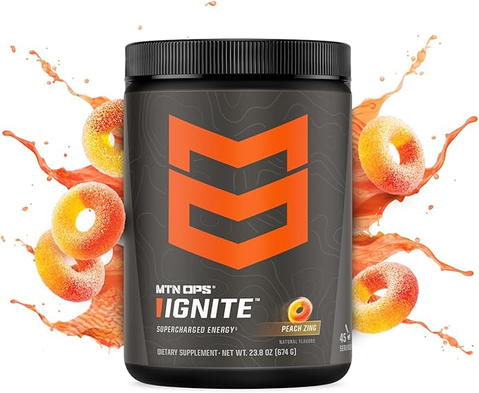 MTN OPS Ignite Sugar Free Energy Drink Powder with 200mg Caffeine Nootropic Blend for Energy Focus &amp Endurance L Arginine &amp L Citrulline Pre Workout 45 Servings Peach Zing