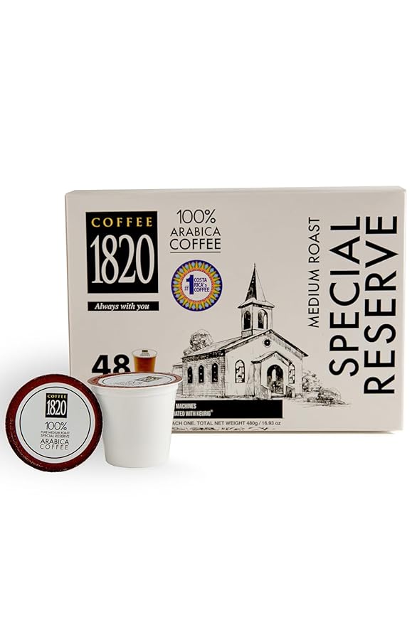 Café 1820 Special Reserve Ground Coffee Cups Premium Costa Rican Blend 100% Arabica Medium/Dark Roast Compatible with Keurig Machines 48 Pods