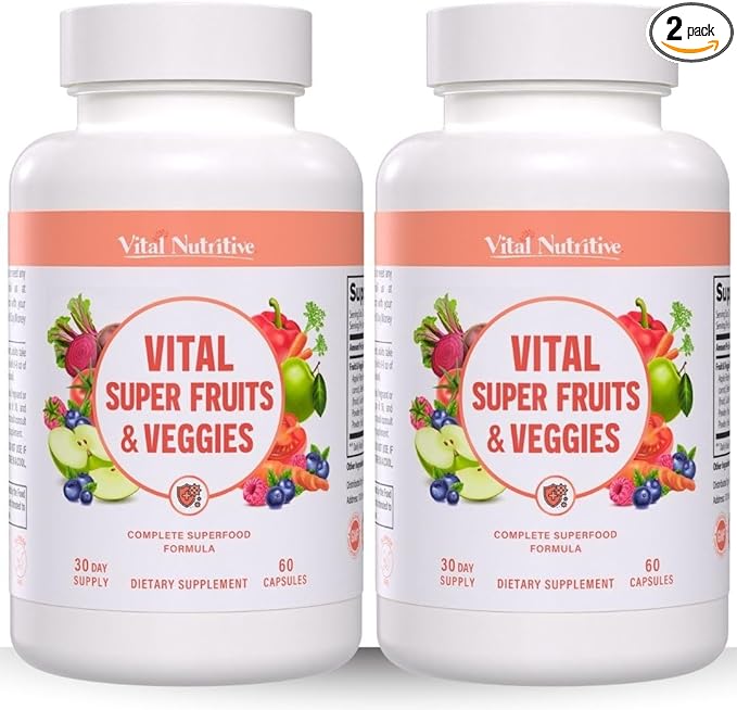 Vital Super Fruits &amp Veggies - Daily Superfood Capsules for Adults - Fruit &amp Vegetable Supplements to Boost Immunity &amp Energy - 2-in-1 Formula for Overall Wellness