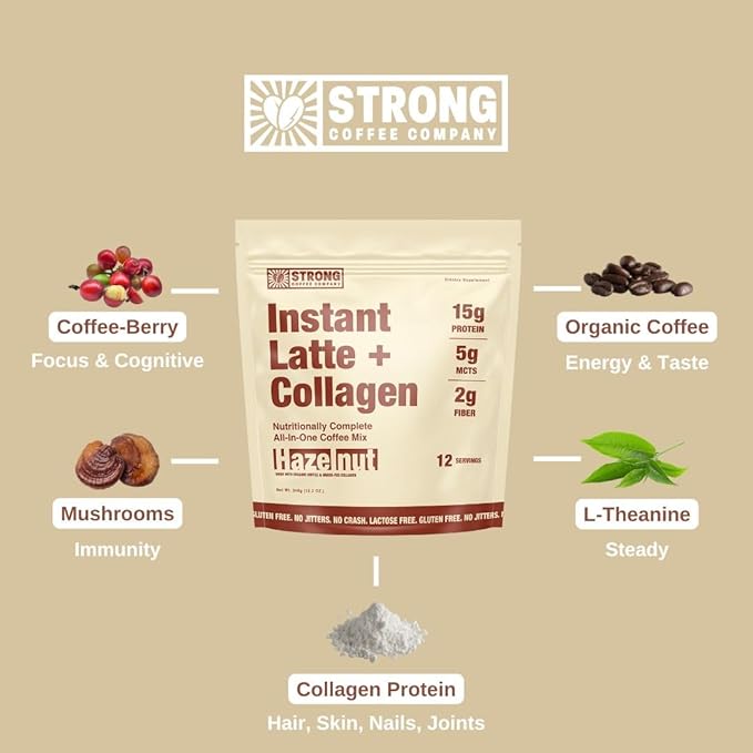Strong Coffee Co. Hazelnut Instant Latte | Organic Coffee with 15g Collagen Protein | Lion’s Mane &amp L-Theanine | Nootropic Instant Coffee | 12 Servings