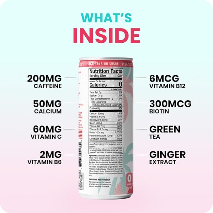 FitTea Healthy Energy Drink 12 Fl Oz - Watermelon Sugar Sparkling Refresher (12 Pack) Zero Calories Natural Green Tea Energy Drinks Sugar Free