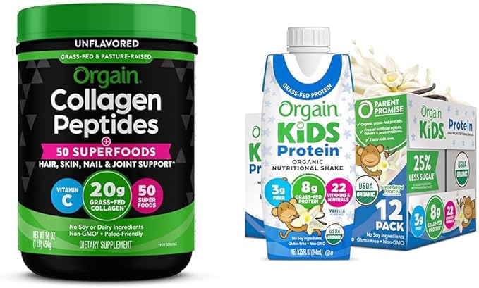 Bundle of Orgain Hydrolyzed Collagen Powder + 50 Organic Superfoods 20g Grass Fed Collagen 1lb + Orgain Organic Kids Nutritional Protein Shake Vanilla 8g Dairy Protein 8.25 Fl Oz (Pack of 12)