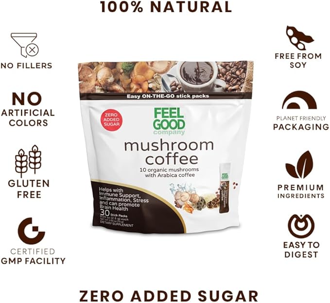 Feelgood Company Mushroom Coffee with 10 Organic Mushrooms and Arabica Coffee 30 Stick Packs Zero Added Sugar Supports Immune Health and Brain Function