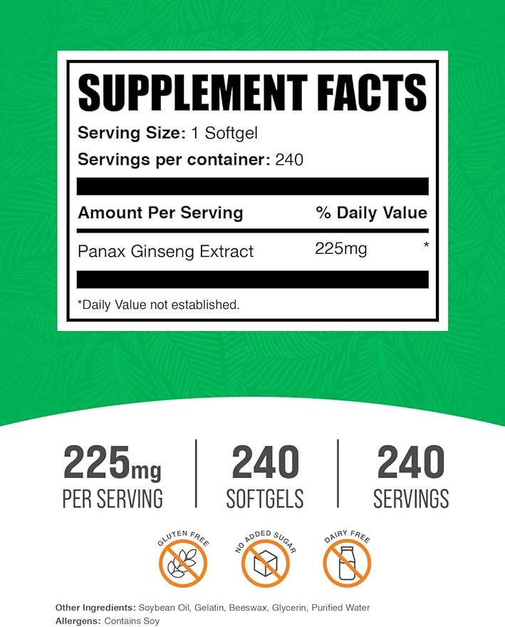 BulkSupplements.com Panax Ginseng Softgels - Panax Ginseng Extract Herbal Supplement - Gluten Free 1 Softgel per Serving (225mg) 240 Count (Pack of 1)