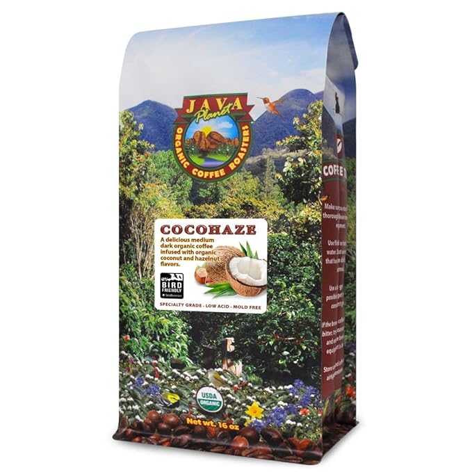 Low Acid Organic Coffee – Whole Bean Mold-Free &amp Stomach Friendly by Java Planet Coconut and Hazelnut Medium Dark Roast Arabica Gourmet Coffee Grade A Smithsonian Bird Friendly 1LB Bag