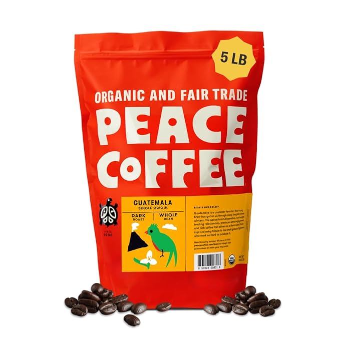 Peace Coffee Guatemala Single Origin Dark Roast Whole Bean Coffee 5 lb Organic Fair Trade Smooth Deep Flavor Shade Grown Fresh Roasted