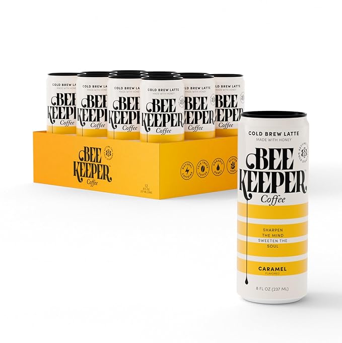 Beekeeper Caramel Cold Brew Coffee Drinks with Oregon Honey | 12 Pack Refreshing Iced Coffee - Unsweetened &amp Strong Arabica Brew 8 fl oz Ready-to-Drink Can - 180mg Natural Caffeine