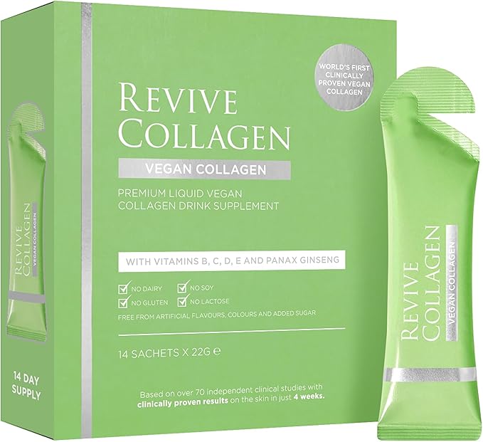 Revive Collagen 2500mg Plant-Based Vegan Collagen Peptides – Skin Hydrating Liquid Supplement with Vitamins B C D E Raspberry Flavor – Vegan Collagen for Women 21 Fl Oz 28 Sachets