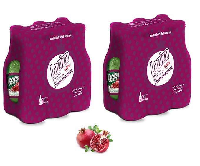 Lazizaa Pomegranate Flavor Malt Beverage  Non Alcoholic  Drink - 2 Pack of 6 Glass Bottles Pack in each 330ML - لذيذة مشروب شعير بدون كحول