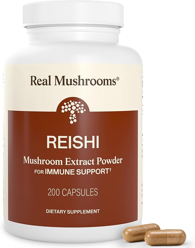 Real Mushrooms Reishi Mushroom Capsules - Handpicked Organic Mushroom Extracts - Red Reishi for Tranquil Daily Wellness with Verified Beta Glucans Vegan Non-GMO No Grain Fillers 200 ct