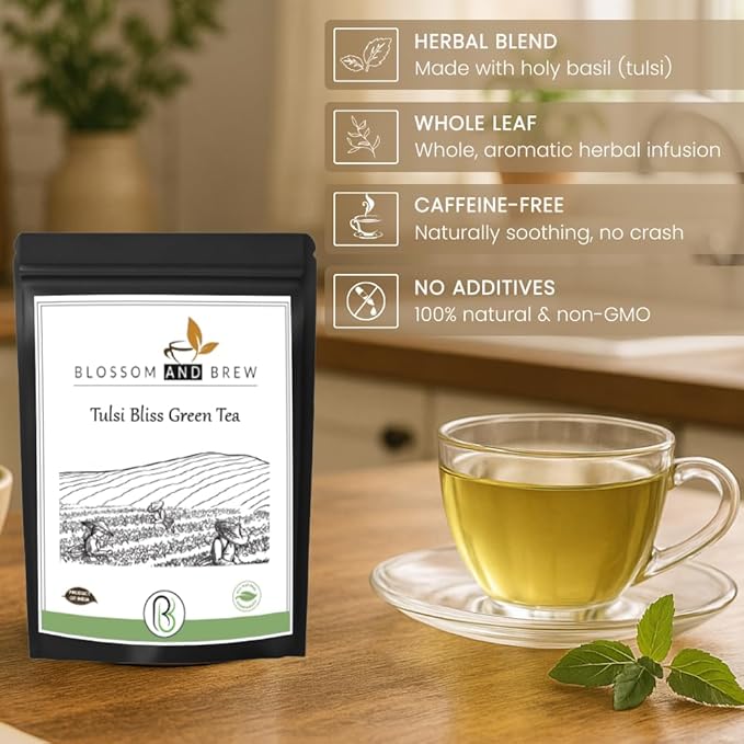 Blossom &amp Brew Tulsi Bliss Green Tea (2.46oz) Loose Leaf Premium Herbal Green Tea Green Loose Leaf with Tulsi/Basil Leaves Natural Ingredients Brew Hot or Iced