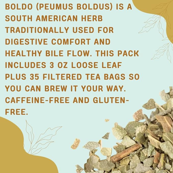 Boldo Herbal Tea — Traditionally Used for Digestive Comfort &amp Healthy Bile Flow | 35 Filtered Tea Bags Included | Caffeine-Free Gluten-Free | 3 oz Loose Leaf