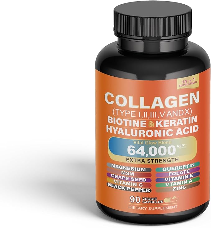 Multi Vital Collagen Peptides Capsules - Types I II III V &amp X Biotin Keratin Hyaluronic Magnesium Zinc Vitamin A C E Grape Seed Extract Quercetin with Folate (2)