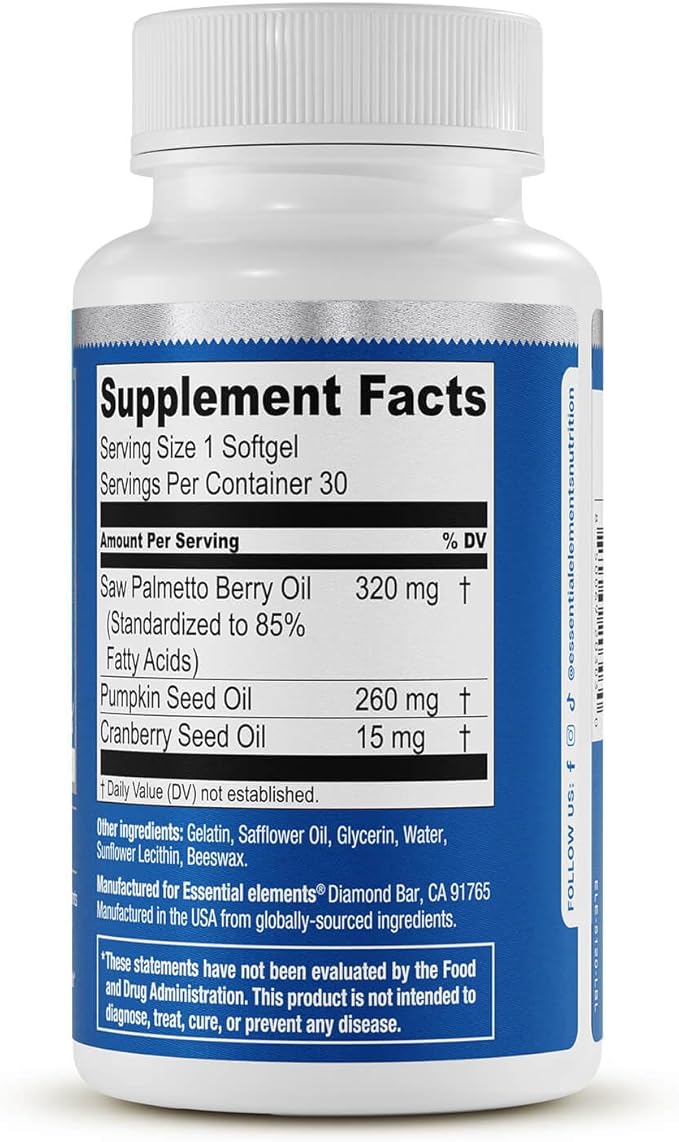 Essential Elements Saw Palmetto Plus - Promotes Bladder &amp Urinary Health - Prostate Support Supplement for Men with Pumpkin &amp Cranberry Seed Oil - 30 Count - 30 Servings