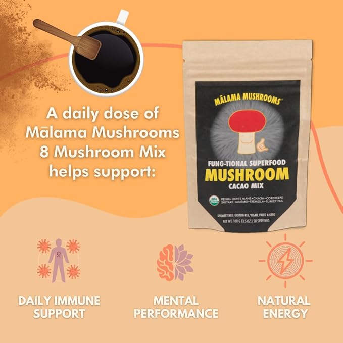 Malama 8-Mushroom Hot Cacao Mix Organic Chocolate Blend Mushroom Powder for Focus &amp Inmune Support – with Lion's Mane Reishi Chaga Turkey Tail – Vegan Supplement 3.5 oz (50 Servings)