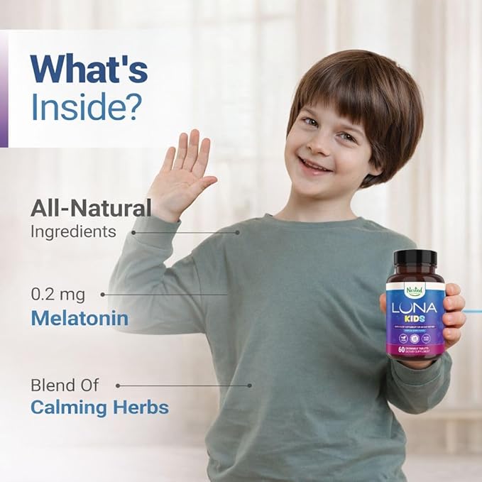 Nested Naturals Luna Kids Sugar-Free Sleep Aid Tablets for Children 4+ - Naturally Sourced Ingredients - Herbal Sleep Supplement with Chamomile Melatonin Valerian &amp Lemon Balm - 120 Chewable Tab