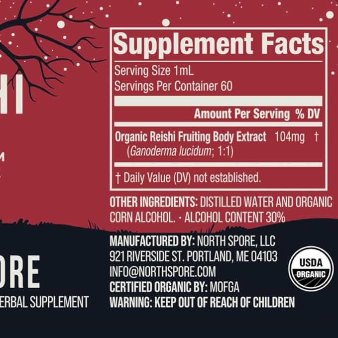 North Spore Organic Reishi Mushroom Tincture (2 oz) | 100% Fruiting Body Extracts | Immune Support Brain Support | Certified Organic Vegan Non-GMO | Adaptogenic Nootropic | Made in USA
