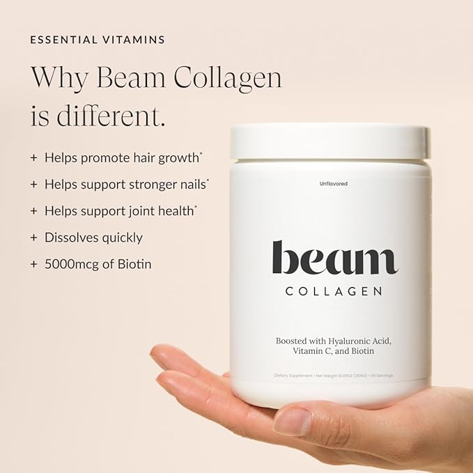 Beam Collagen Powder Collagen for Women Collagen with Hyaluronic Acid Collagen Peptides Type 1 and 3 with Biotin Grass Fed Bovine Third-Party Tested Best for Coffee Vitamin C 30 Servings