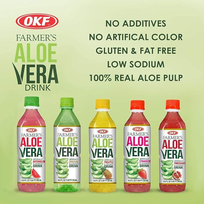 OKF Farmer's Aloe Vera Drink Flavored Variety Pack - Original Pomegranate Pineapple Strawberry Watermelon Flavored Aloe Drinks (16.9oz/500ml Bottles 10 Count)