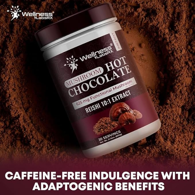 Mushroom Hot Chocolate Powder with Reishi 10:1 Extract Hot Cocoa Powder Caffeine-Free Mushroom Coffee Alternative - Adaptogenic Superfood Drink for Focus Relaxation and Mood Support - 30 Servings