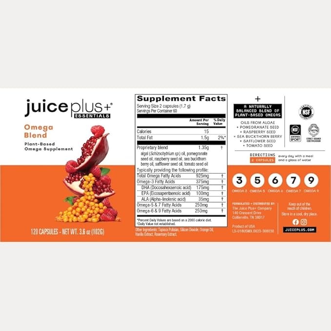 Juice Plus+ Fruit Vegetable Berry &amp Omega Blend Capsules - Nutrition from 30 Fruits Vegetables &amp Berries + Plant-Based Omega Fatty Acids - 4 Bottles (60 Servings Each)