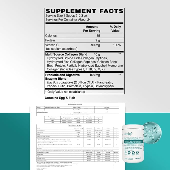 Multi Collagen Peptides - Types I II III IV V &amp X - Premium Hydrolyzed Collagen Powder for Women &amp Men - with Vitamin C Digestive Enzymes &amp Probiotics - 24 servings - BonaGlow Unflavo