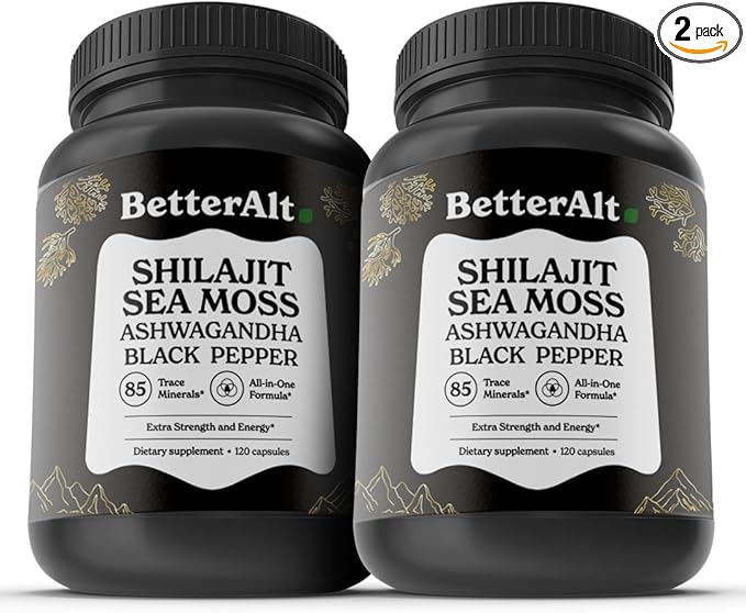 Better Alt Shilajit Sea Moss Capsules Pack of 2 with Ashwagandha &amp Black Pepper Extract with 85+ Essential Minerals &amp Antioxidants| Boosts Energy &amp Metabolism - 120 Servings 240 Capsules