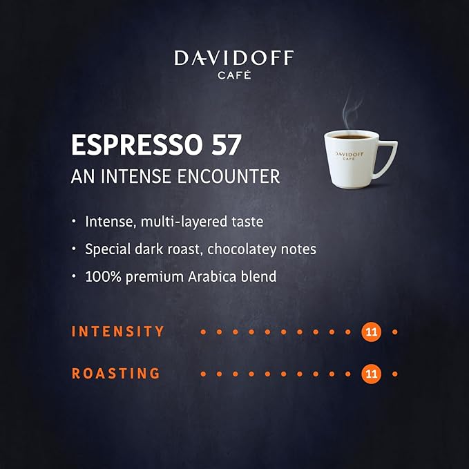 DAVIDOFF Espresso 57 Instant Coffee - Dark and Chocolatey - Intense Roast with a Smooth Aroma - 100% Arabica Beans - 11/12 Intensity. 12/12 Roasting. 6/12 Acidity - 6 x 3.52 oz