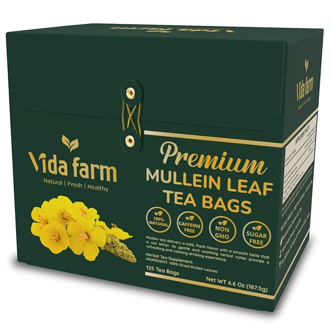 VIDA FARM Mullein Leaf Tea Bags 125 Tea Bags 100% Natural Mullein Leaves Tea Dried Herbal Tea Bags No Additives Caffeine Free Sugar Free