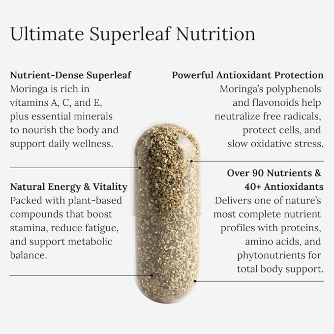 Moringa Oleifera Capsules 800mg - Pure Leaf Powder Superfood with Antioxidants Vitamins Minerals Amino Acids - Energy Immune Support Green Supplement for Men Women - Vegan Non-GMO - 60 Count
