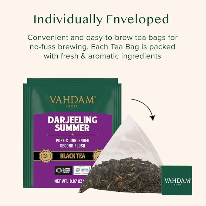 VAHDAM Darjeeling Black Tea Bags (100 Count) High Caffeine Non GMO Gluten Free | Smooth &amp Sweet Tea With Distinguished Fruity Notes | Full Bodied
