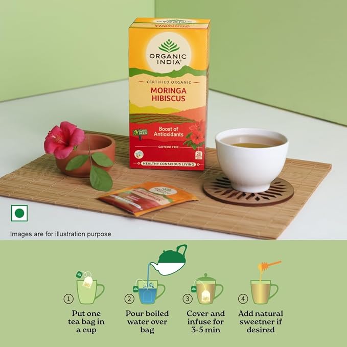 A TATA Product - Organic India Moringa Hibiscus Infusion 25 Tea Bags Certified Organic Antioxidant-Rich Caffeine-Free Whole Herb Blend
