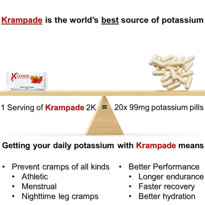 Krampade Original 2K - 2000 mg Potassium Electrolyte Powder Drink Mix | Cramp Relief - Hydration - Increased Performance | Orange - 20 Single Serving Packets