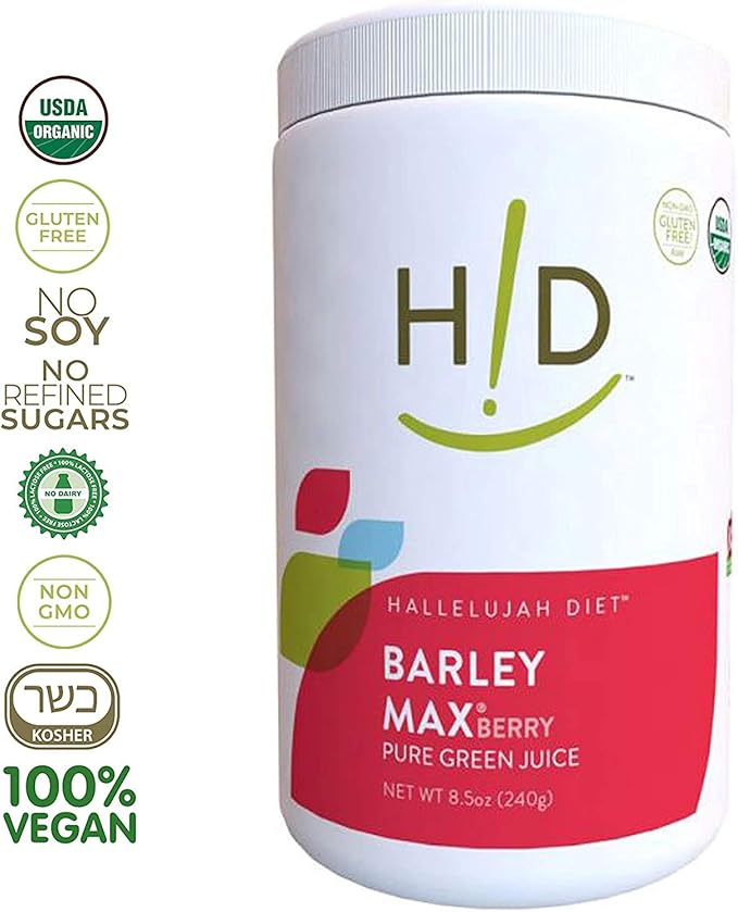 Hallelujah Diet Organic BarleyMax - Barley and Alfalfa Green Juice Powder Berry Flavor 8.5 Ounces (60 Day Supply)