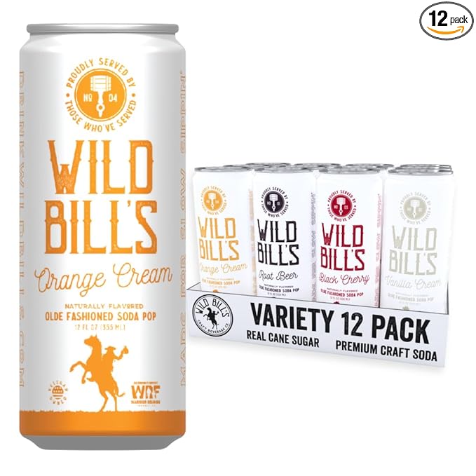 Wild Bill's 4 Flavor Craft Soda Soft Drinks Variety Pack Root Beer Black Cherry Orange + Vanilla Sodas Pure Cane Sugar Caffeine Free NO High Fructose Corn Syrup Gluten Free Vegan 12 Oz 12 Pack